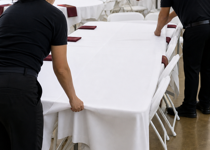Ya Me Senté Party Rental team preparing tables and linens before an event